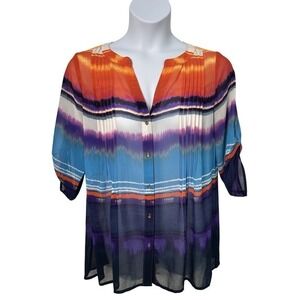 Chaus Women Multicolor Tie Dye Roll Tab Sleeves Blue Shirt‎ Sz Large Mesh Casual